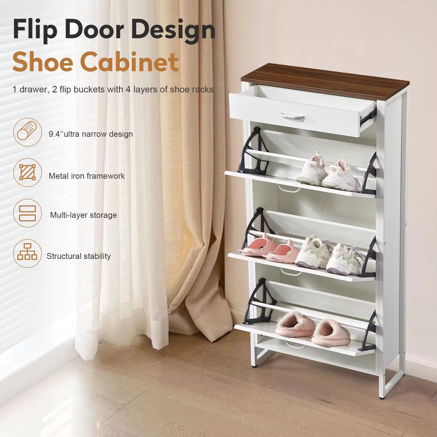 Modern Slim Shoe Cabinet with Drawer & 3 Flip Door Design