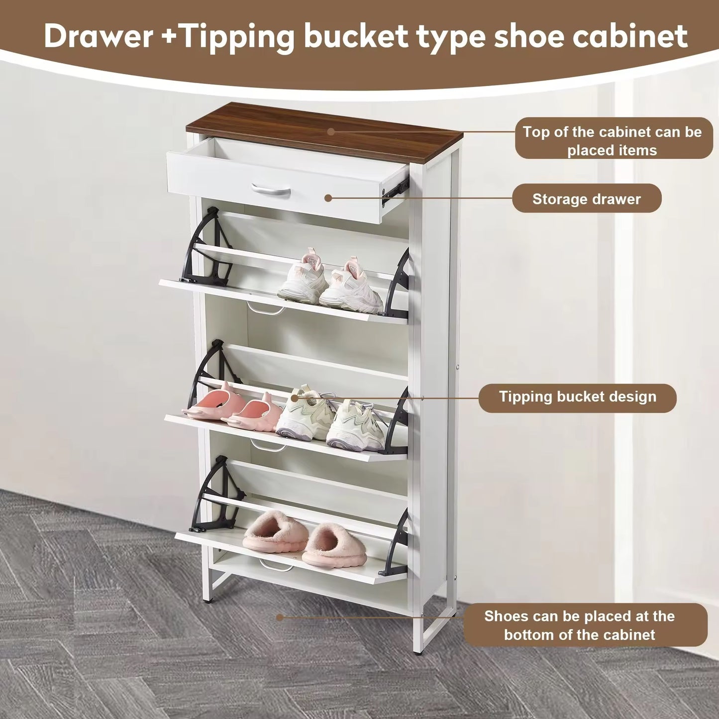 Modern Slim Shoe Cabinet with Drawer & 3 Flip Door Design