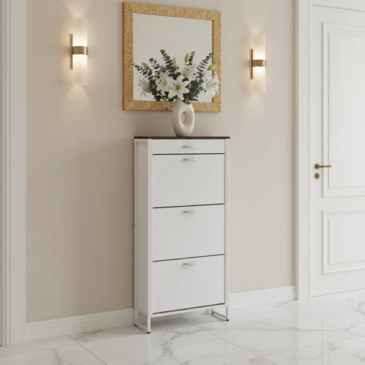 Modern Slim Shoe Cabinet with Drawer & 3 Flip Door Design