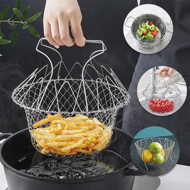 Stainless steel frying basket folding household kitchen drain screen