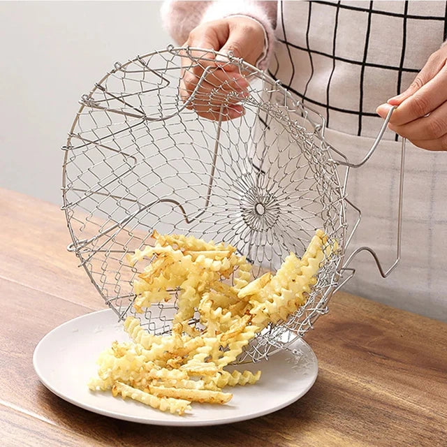 Stainless steel frying basket folding household kitchen drain screen