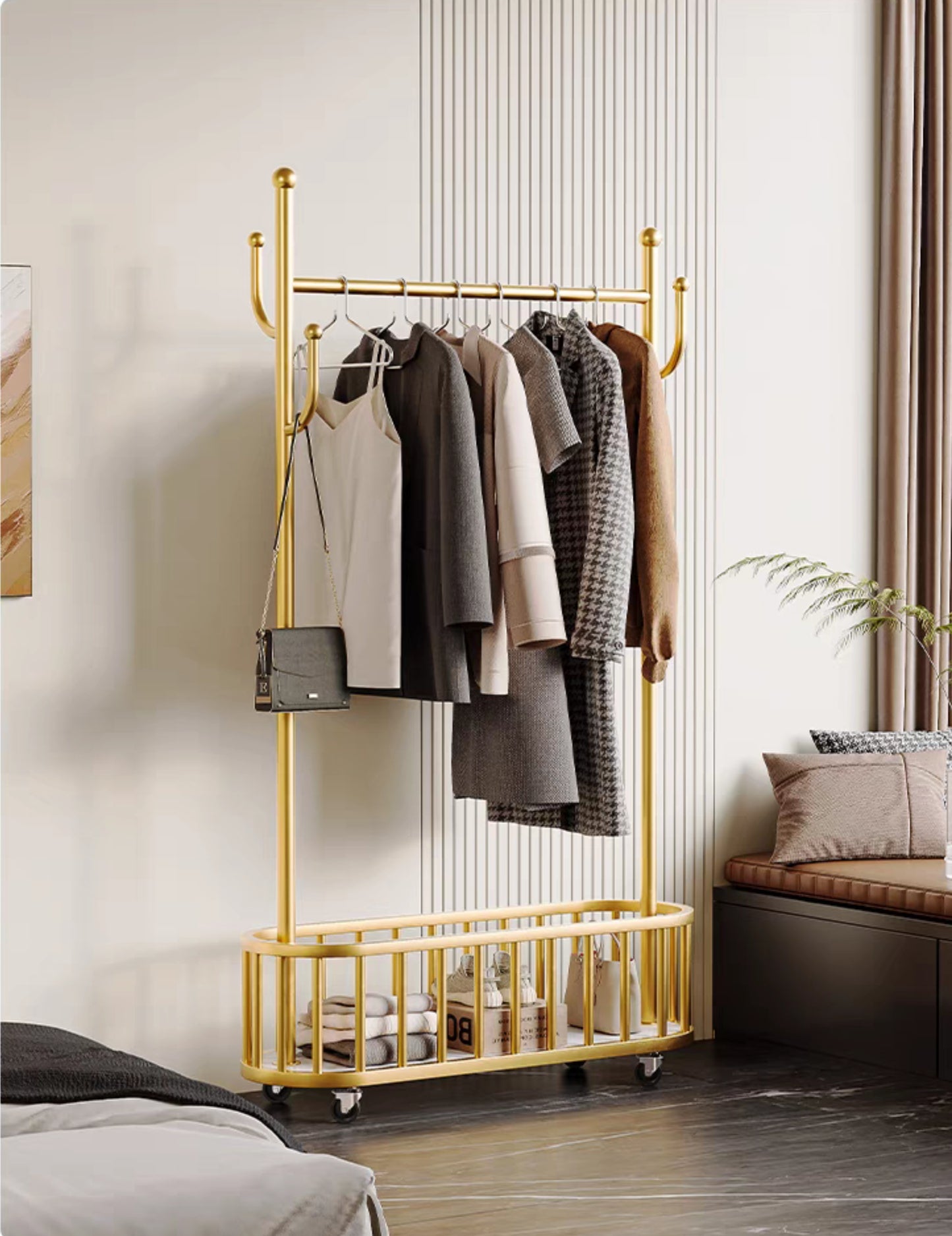 Luxury wheeled movable living room clothes storage rack