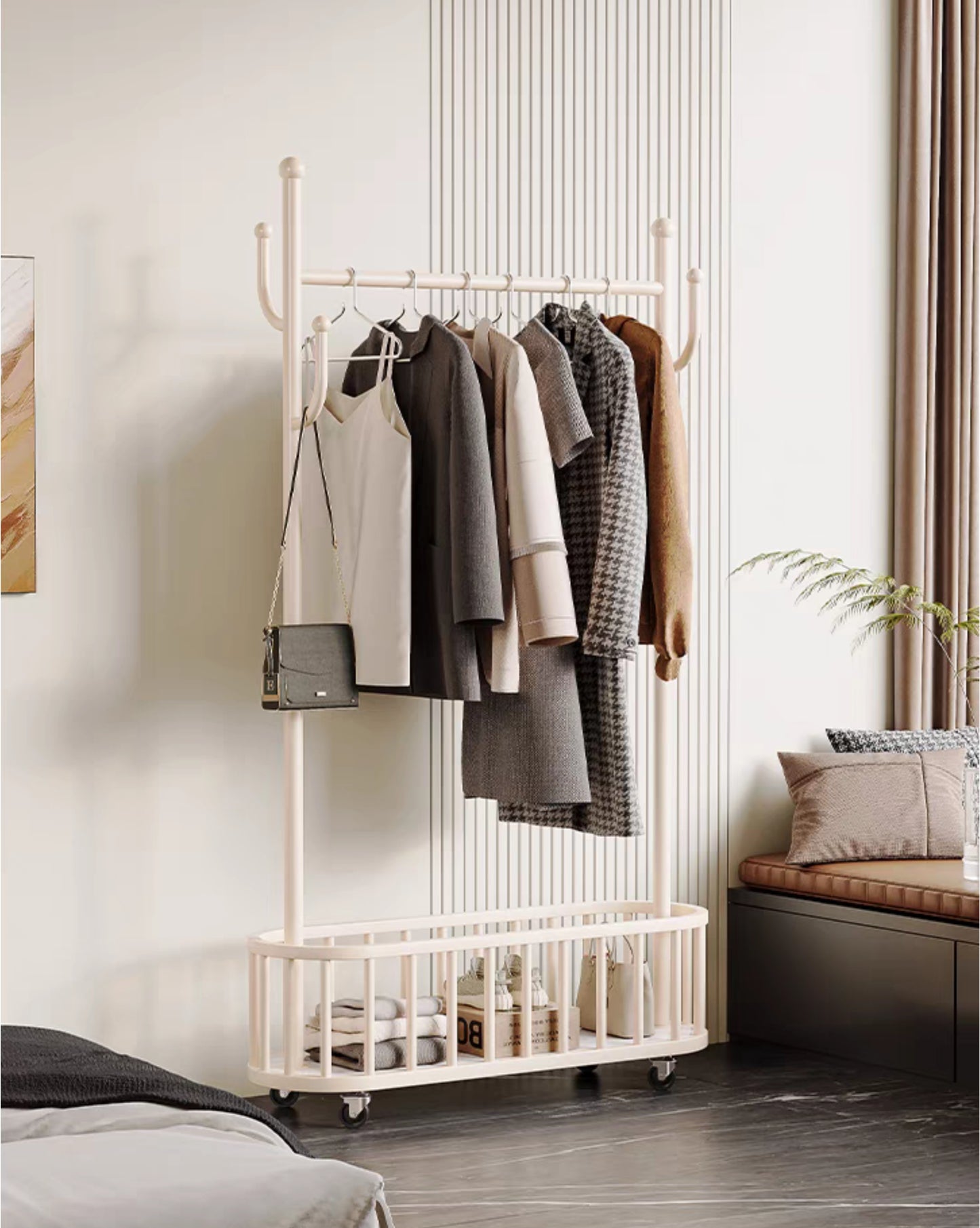 Luxury wheeled movable living room clothes storage rack