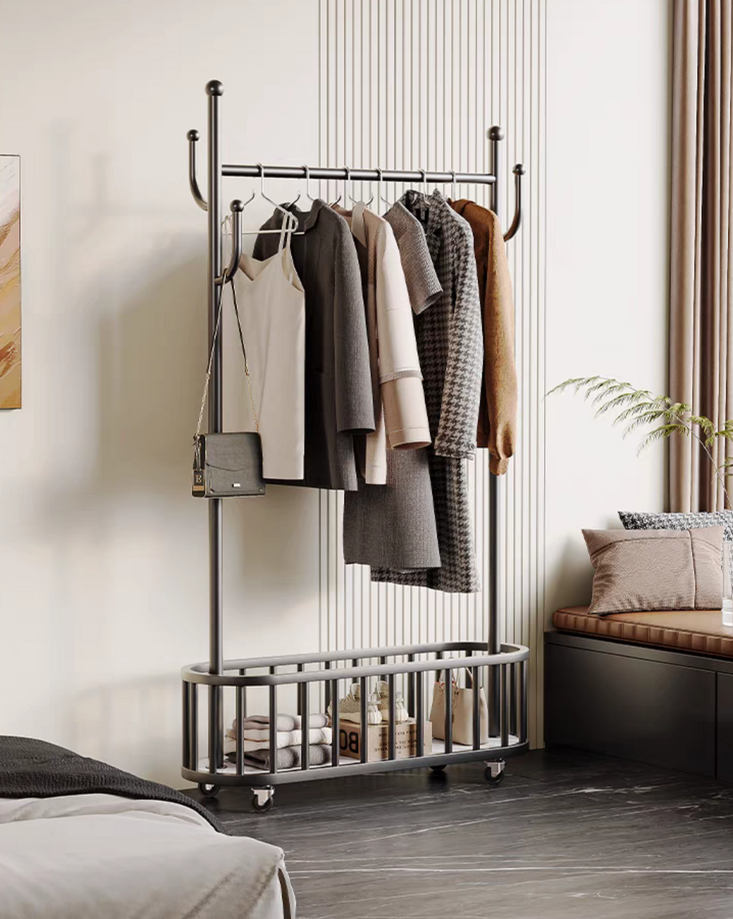 Luxury wheeled movable living room clothes storage rack